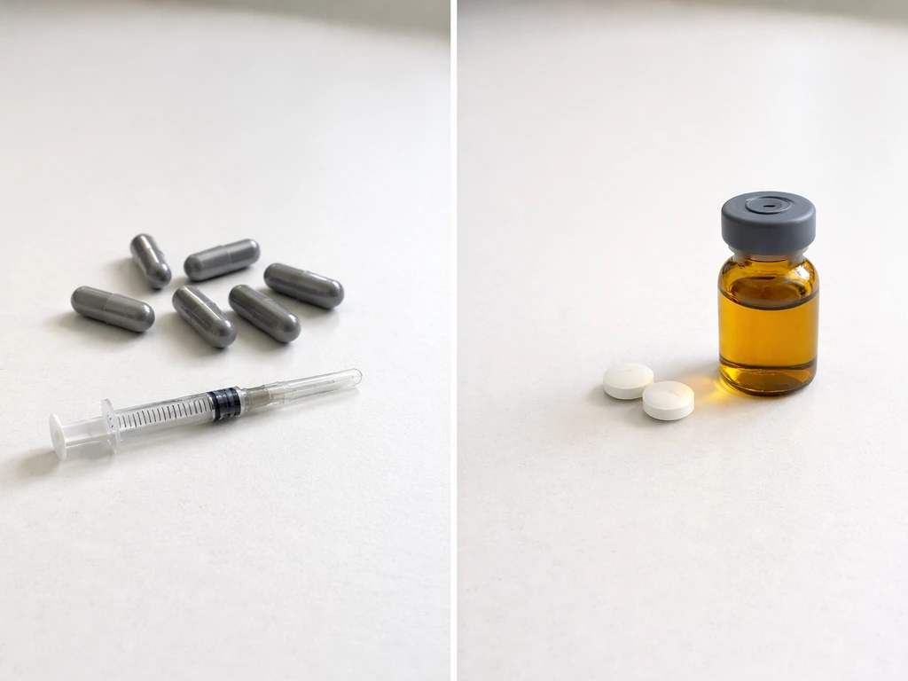 Side-by-side capsules and syringe versus corticosteroid tablets and an amber vial on a clean tabletop