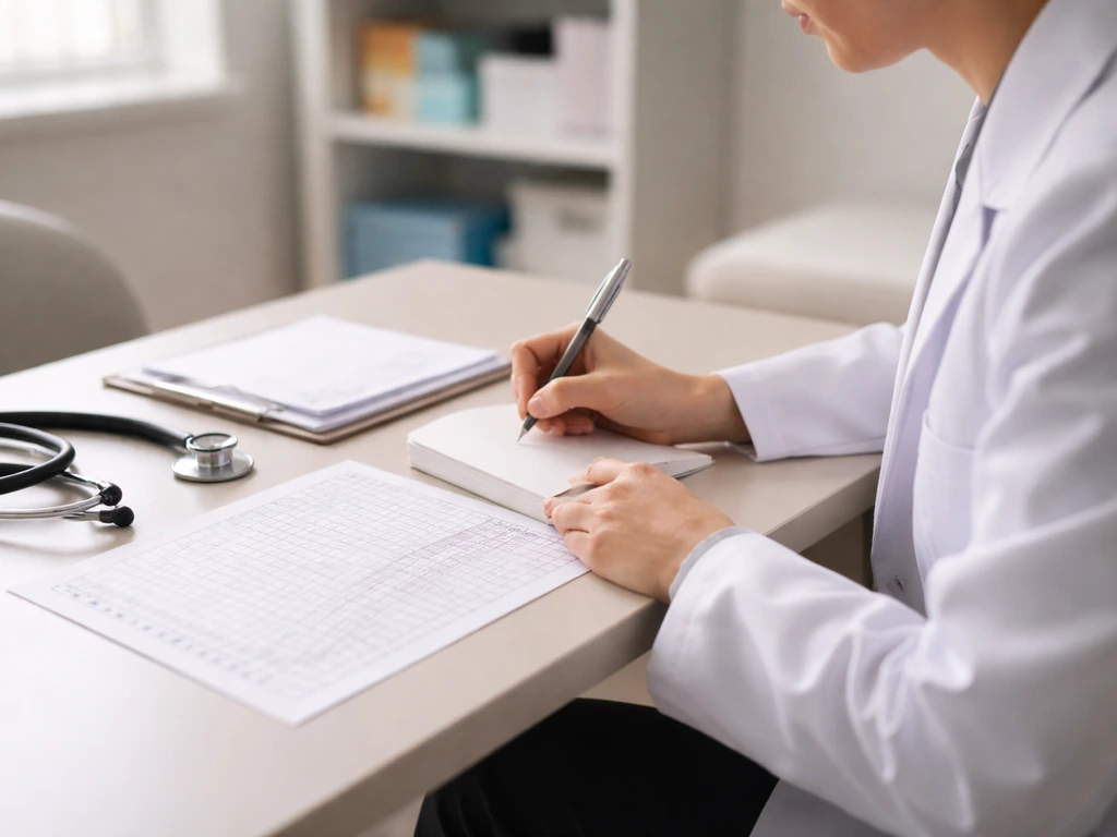 Clinician at a desk reviewing a child’s growth chart and prescription notes in a minimal exam office
