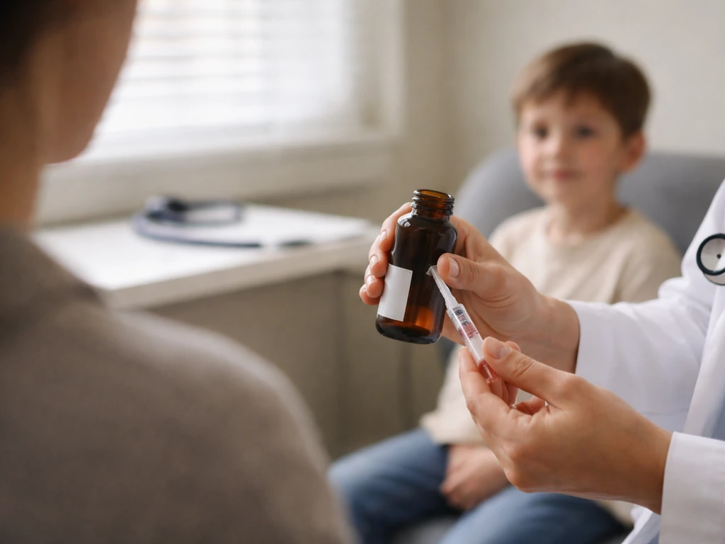 A clinician supervises a child taking prescribed corticosteroid liquid in a quiet clinic room