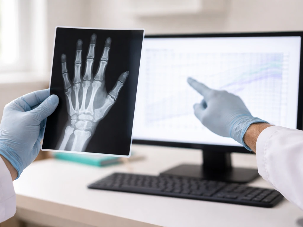 Doctor’s gloved hands hold a left-hand bone X-ray while a monitor shows a blurred growth chart readout.