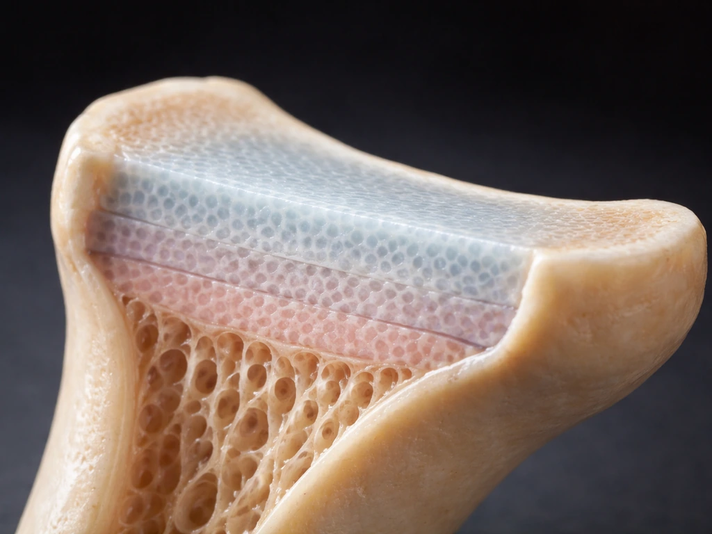 Realistic close-up medical visualization of a long bone growth plate with cartilage zones