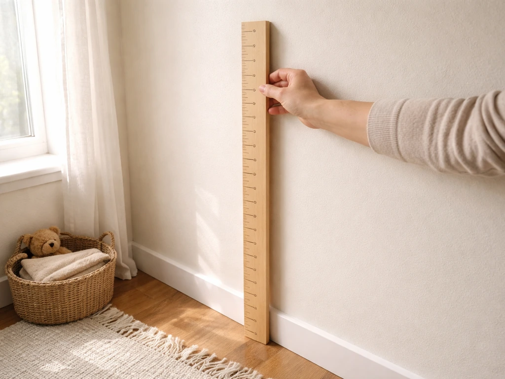 An outstretched hand holding a small height ruler beside a bedroom window, suggesting growth milestones.