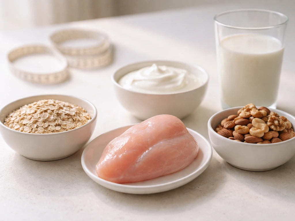 Protein-rich foods and dairy-like calcium sources arranged near a simple measuring tape to suggest growth nutrition.