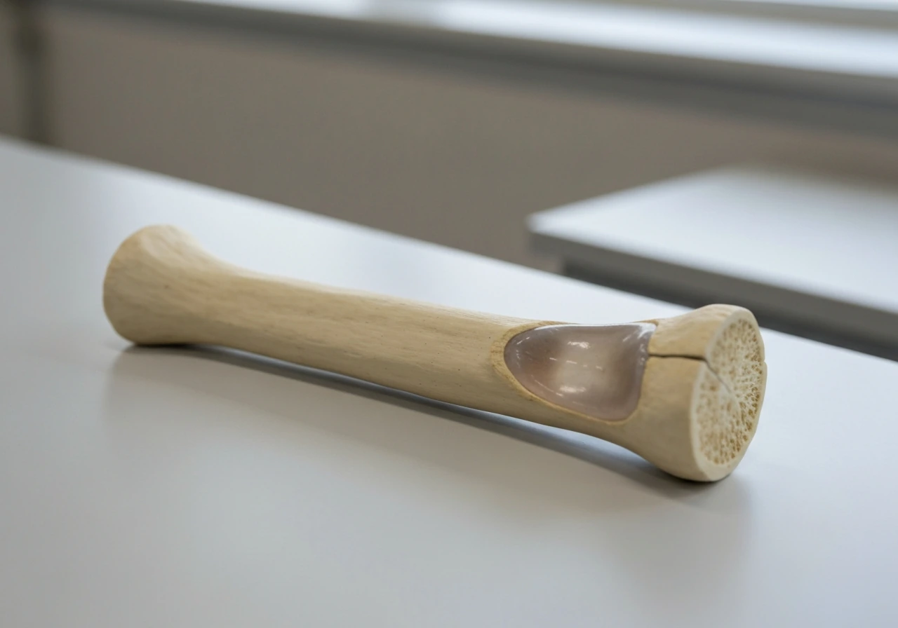 Macro view of a long-bone cross-section model showing mineralized bone and an active growth plate.