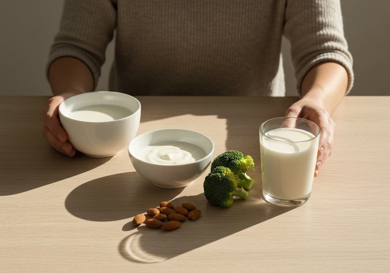 Simple breakfast table with bowls of milk and yogurt plus calcium-rich foods like broccoli and almonds.
