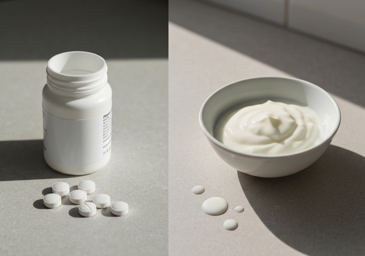 Split scene of a calcium supplement bottle and scattered calcium pills beside a small bowl of dairy