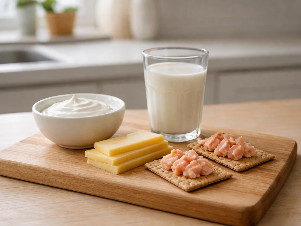 Kid-friendly calcium snack spread on a kitchen counter: yogurt, fortified milk, cheese, and salmon crackers.