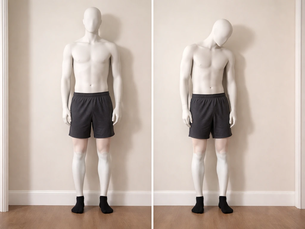 Anonymous adult standing tall vs slouched in a simple hallway, showing posture affecting measured height.