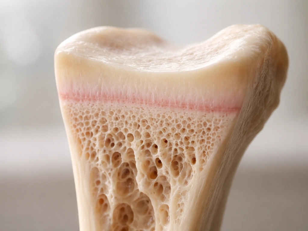 Macro close-up of a long bone end showing the epiphyseal growth plate cartilage-to-bone transition.