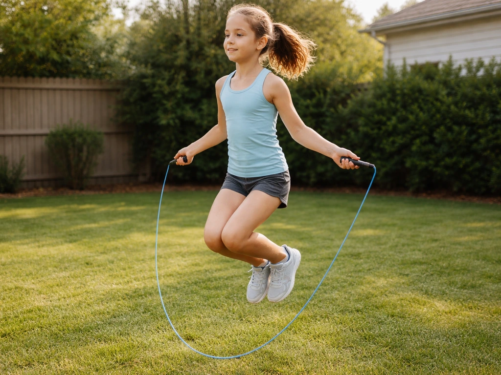 Child jumping rope in a simple backyard, wearing athletic clothes, practicing a structured routine