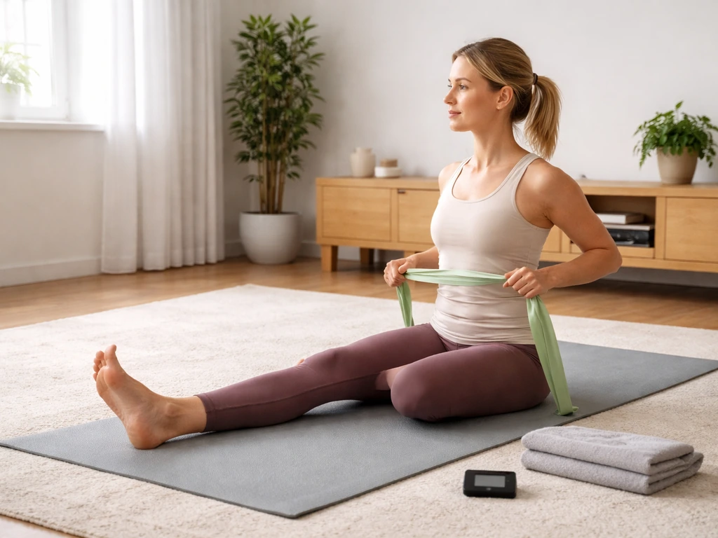 Adult on yoga mat with timer and resistance band, demonstrating posture mobility and a gentle stretch.