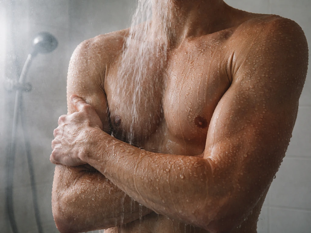 Anonymous arms under a cold shower with wet skin and light steam fogging the bathroom mirror.