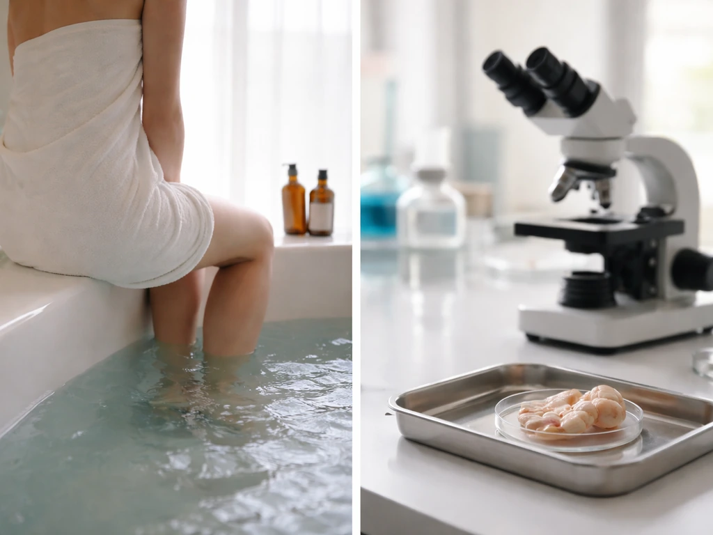 An anonymous person by a cold bath beside a neutral lab microscope setup, suggesting no growth-plate evidence.