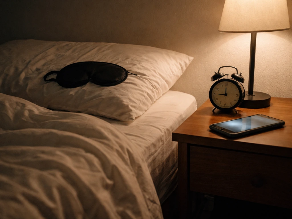 Dim bedroom nightstand with bedtime items and a face-down phone suggesting early deep sleep.