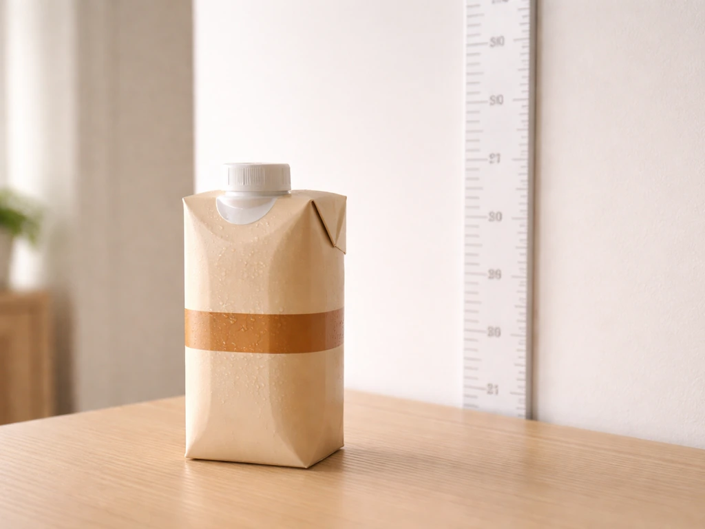 Ensure nutrition shake carton next to a height-measuring wall scale in a bright neutral room