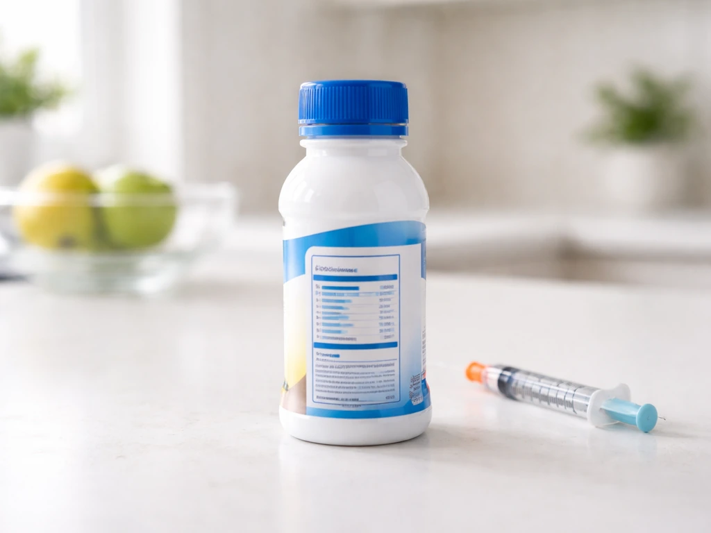 Ensure-style oral nutrition shake bottle on a kitchen counter beside a crossed-out syringe icon.