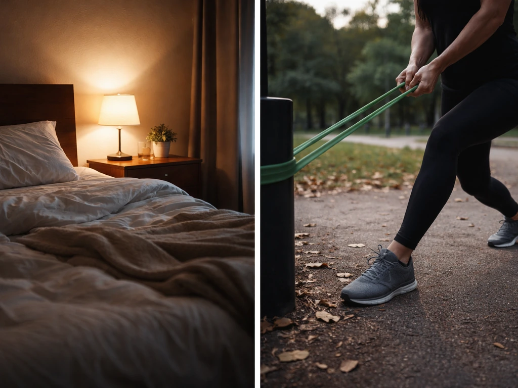Warm nighttime bedroom beside a cropped view of resistance-band exercise, highlighting sleep and movement.