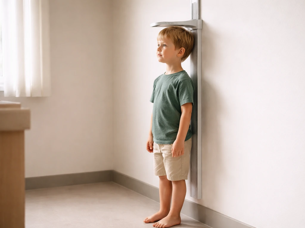 Child standing beside a wall stadiometer for height measurement, suggesting stalled growth tracking.