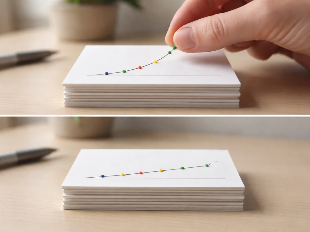 Hand placing a small marker on a simple height-style tracking card, symbolizing growth slowing over time.