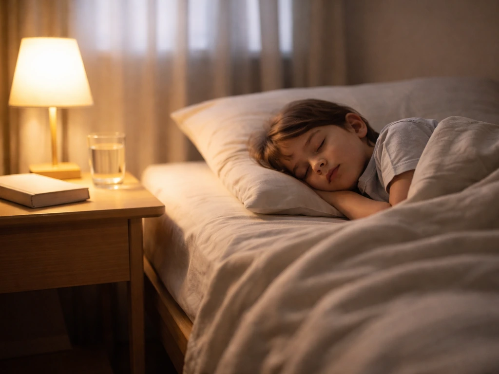 Young child sleeping peacefully in a simple bedroom with warm light and no screens visible.