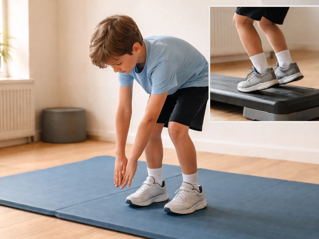 Child doing gentle stretches on a mat, with a small inset suggesting tense overtraining posture.