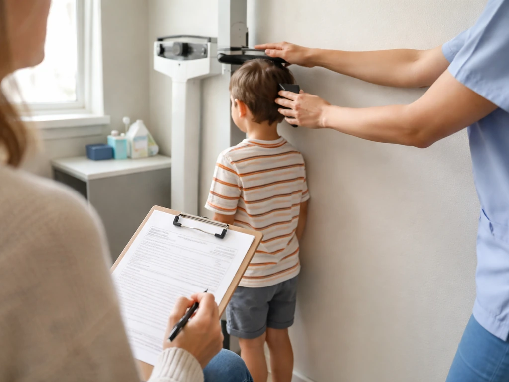 Clinician measures a child’s height beside a parent holding a blank measurement history form.