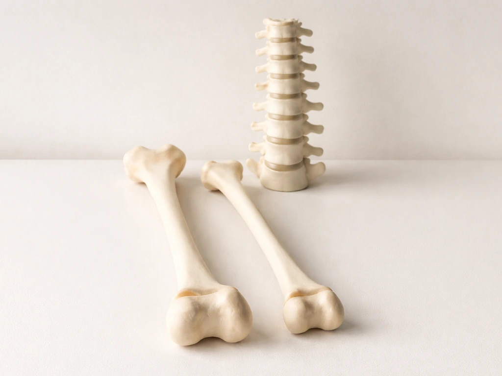 Minimal photo-style view of femur, tibia, and a spine model with soft focus growth-plate markers.