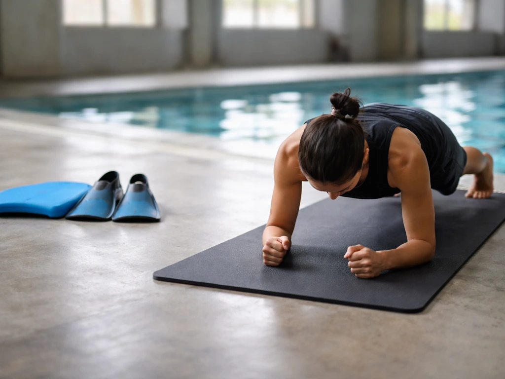 Athlete holds a forearm plank beside swim gear near the pool, emphasizing core and posture support.