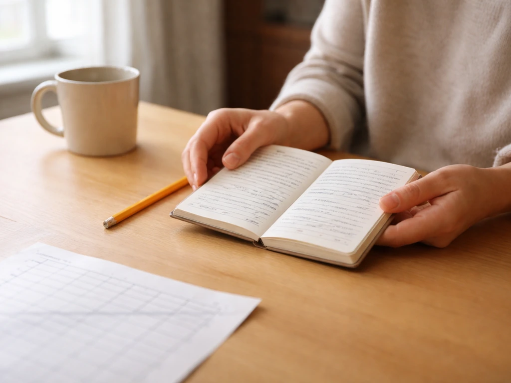 Parent at home checking a child’s growth notes in a diary before a medical appointment.