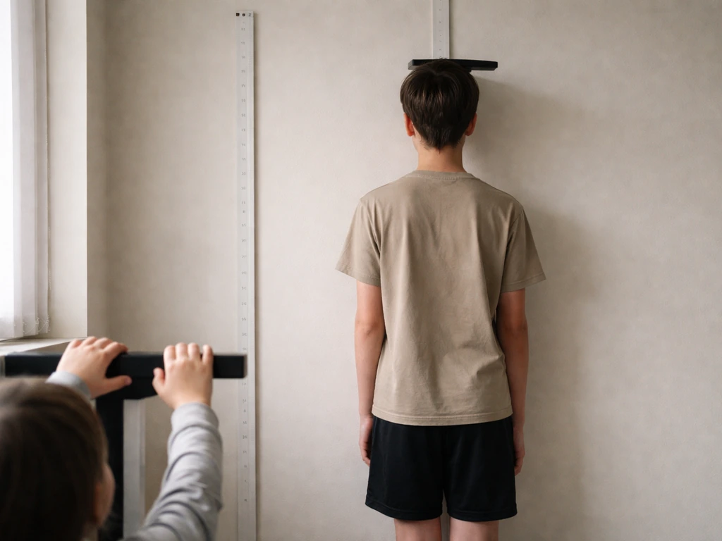 Child’s and teen’s reference heights beside a stadiometer and blank height-growth chart in a clinic room.