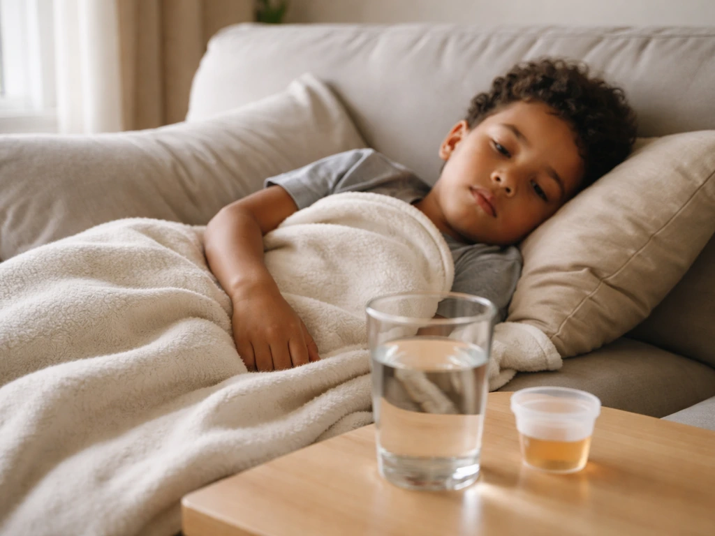 Child lying on a couch recovering from an illness, with a glass of water and a small medicine cup nearby.