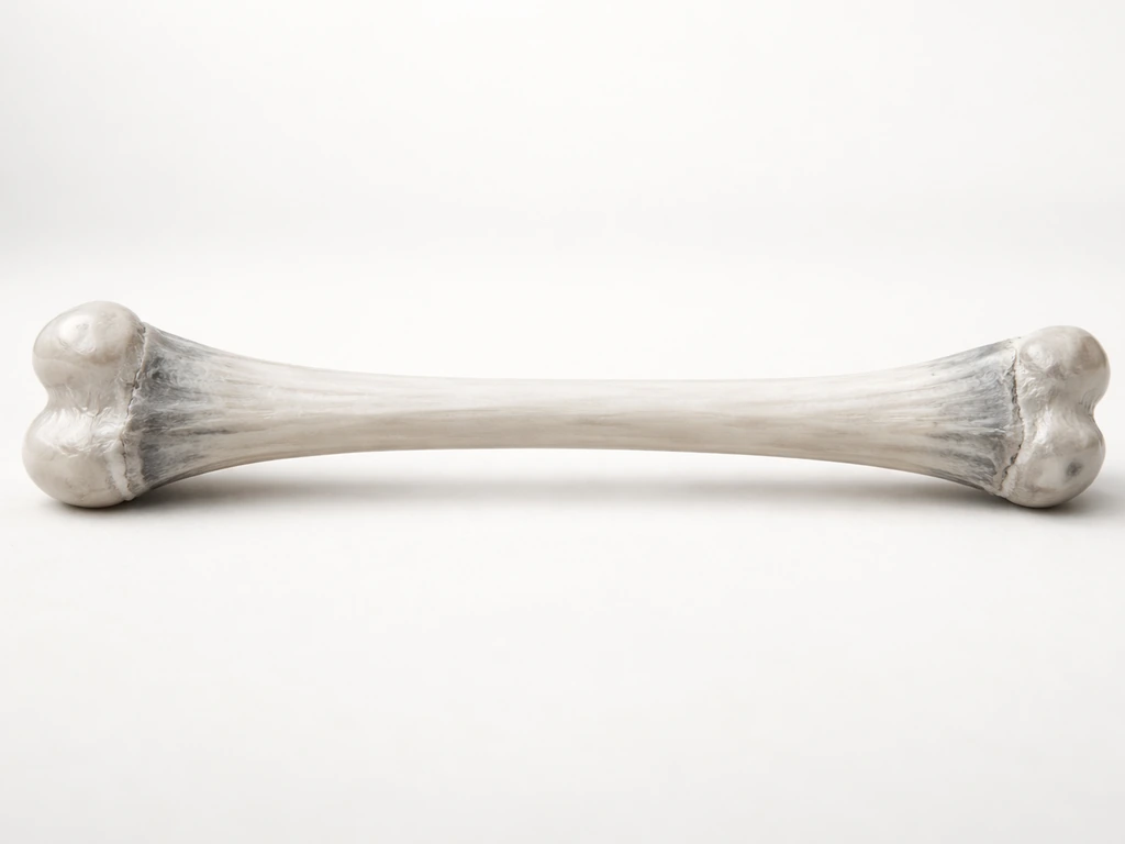 Close-up of a long bone on a plain background highlighting an epiphyseal growth plate near the end.