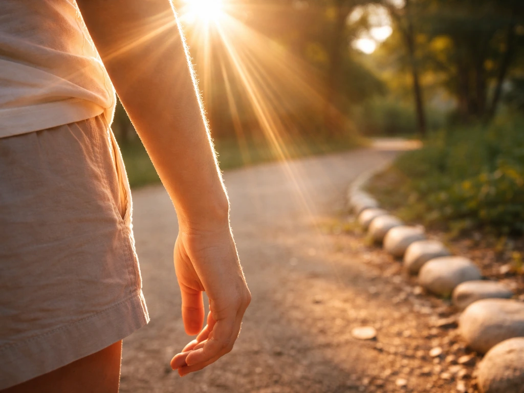 Warm sunlight in an outdoor path scene with soft shadows on skin, suggesting UVB and healthy bones