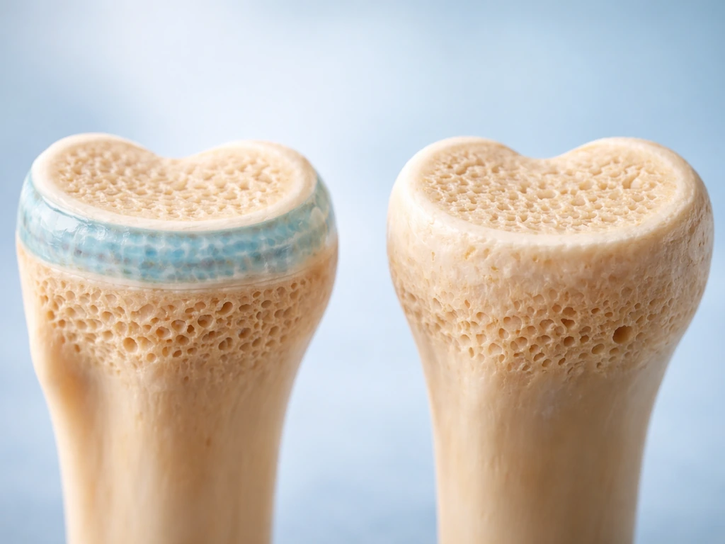 Side-by-side close-up anatomical models of open vs fused growth plates at a long bone end.