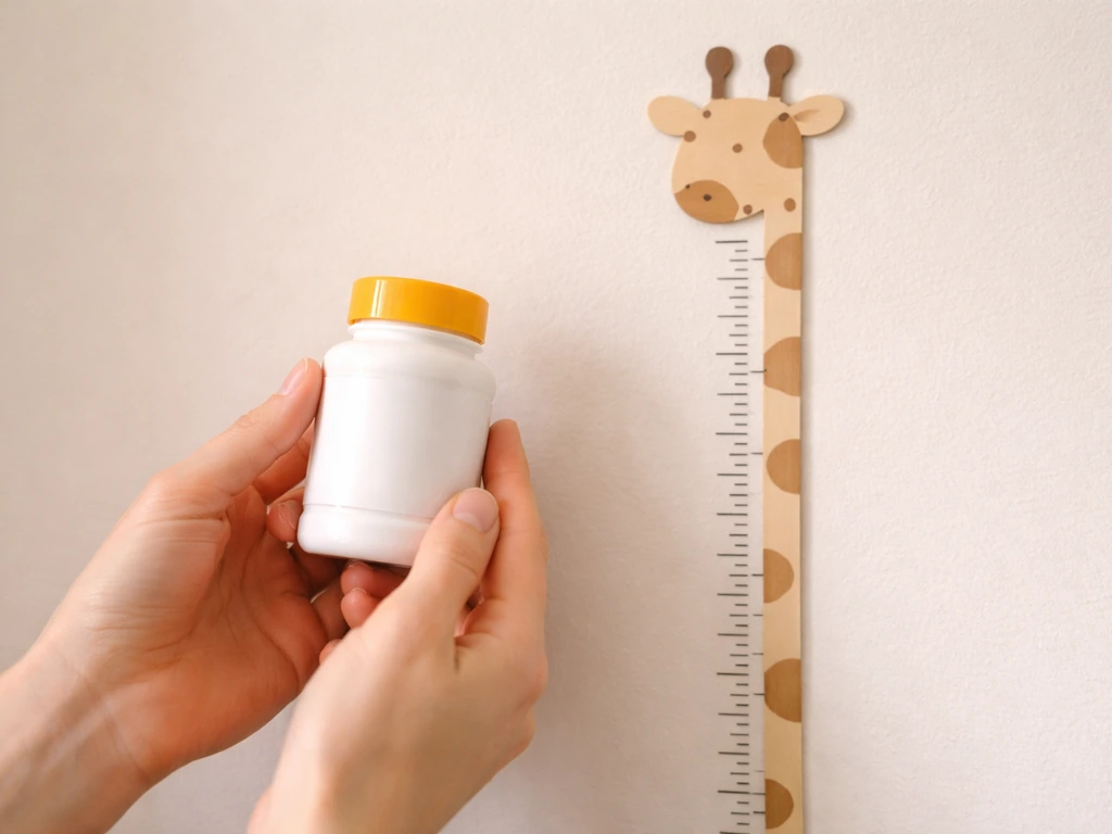 Hands holding a small vitamin D bottle next to a child height chart and measurement tape