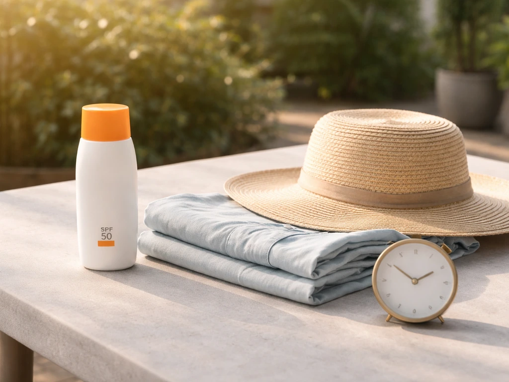 Sunscreen bottle beside SPF clothing, with a small clock face suggesting brief incidental sun time