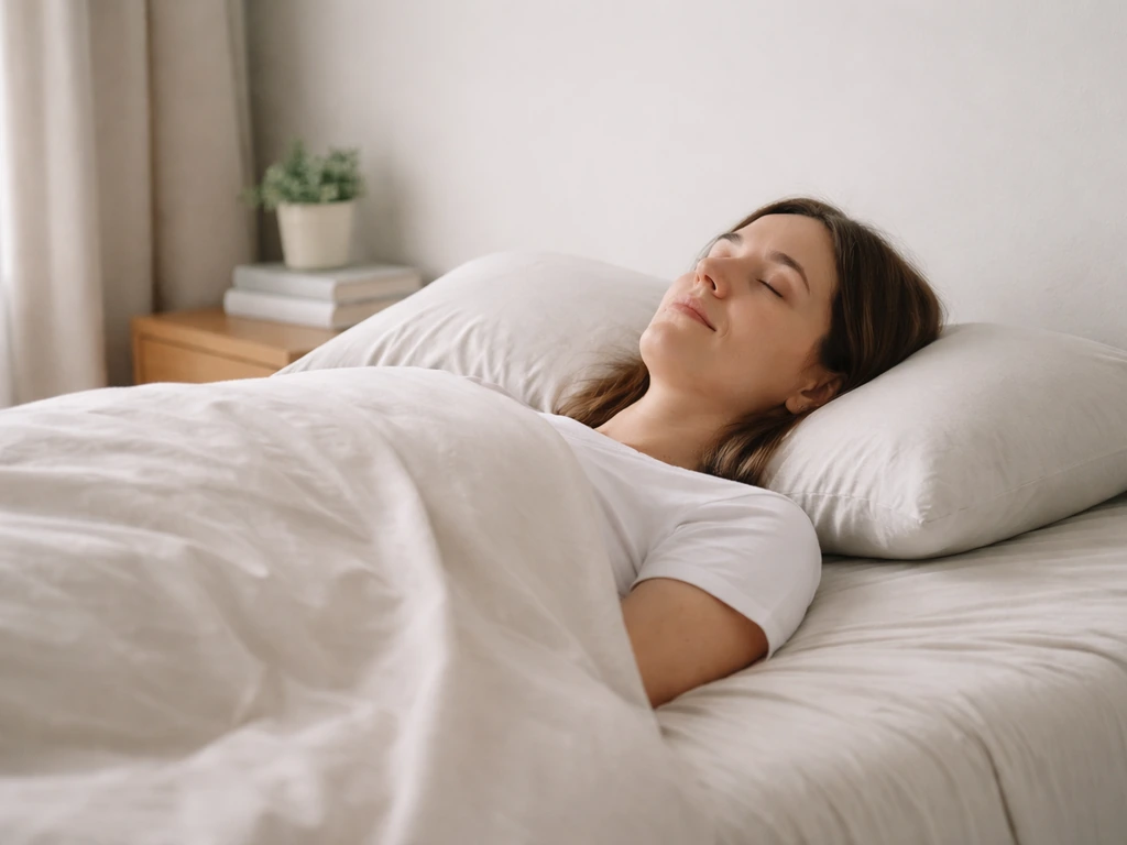 Adult lying on their back in bed with neutral spine and a supportive pillow in a quiet bedroom.