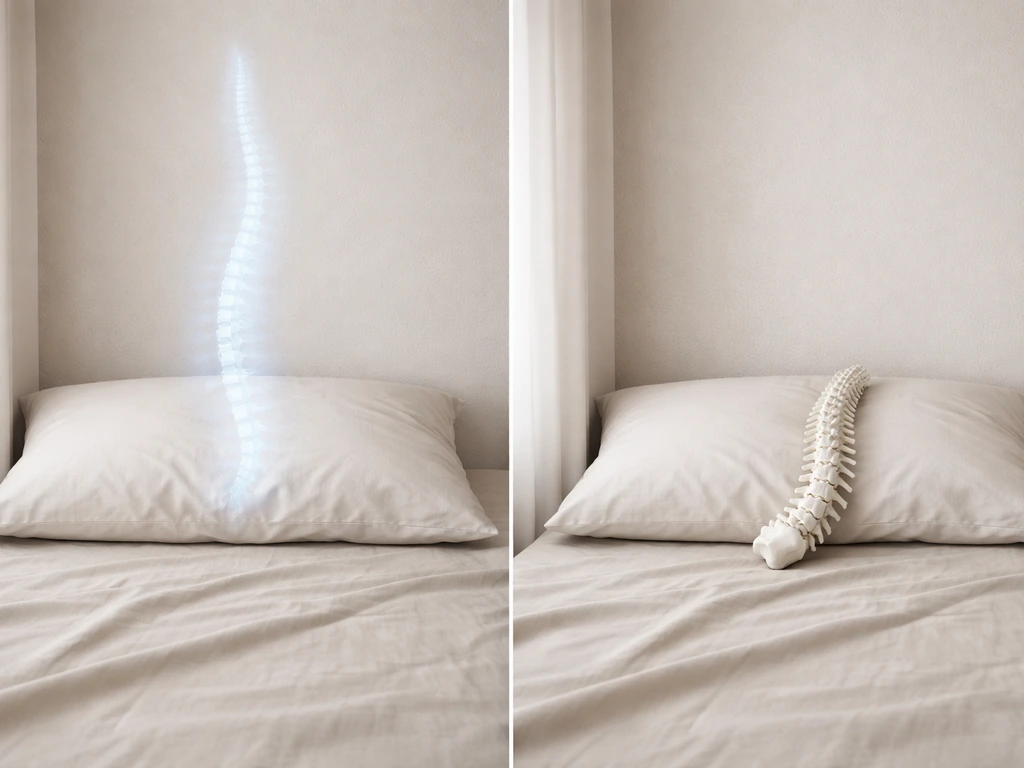 Split bedroom image: symbolic spine decompression glow on left, aligned spine support on right.
