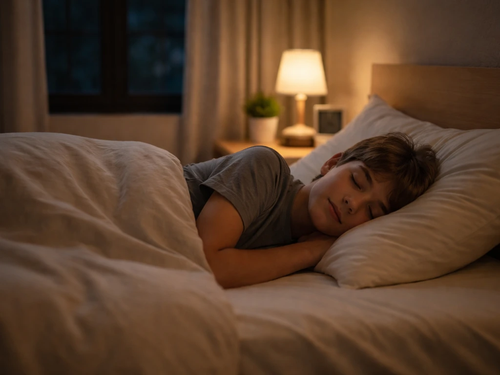 Sleeping child/teen in a calm, tidy bedroom at night with warm bedside lighting and neatly covered bedding.