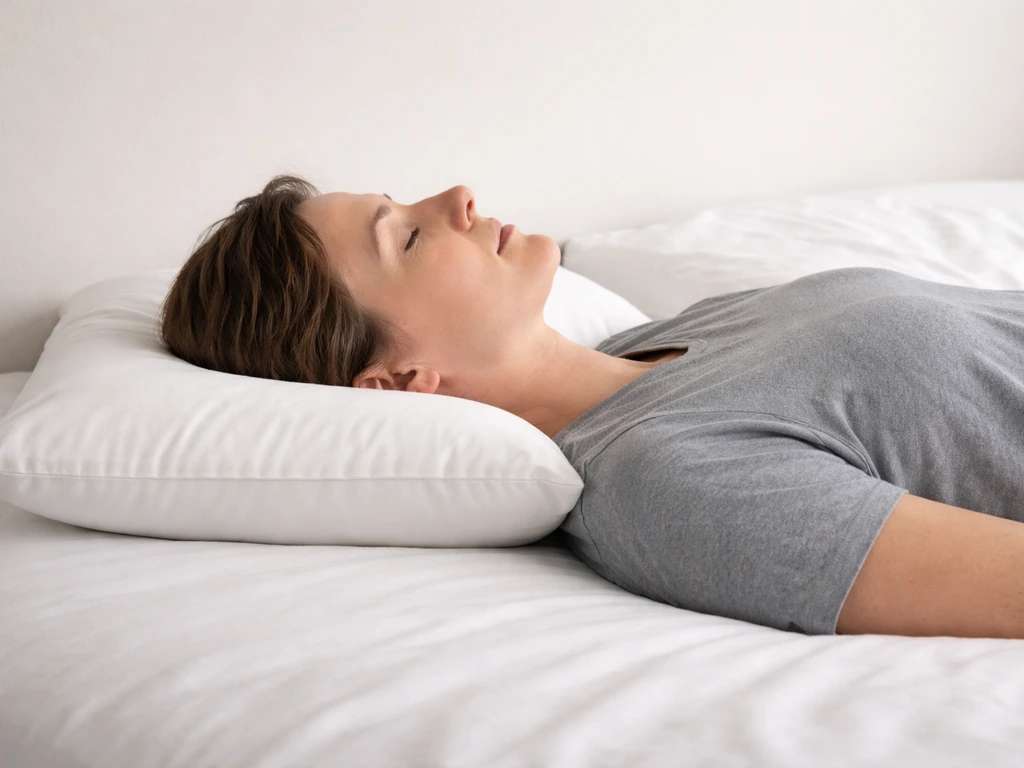 Person lying on their back on a neatly made bed with pillows aligned for neutral neck support