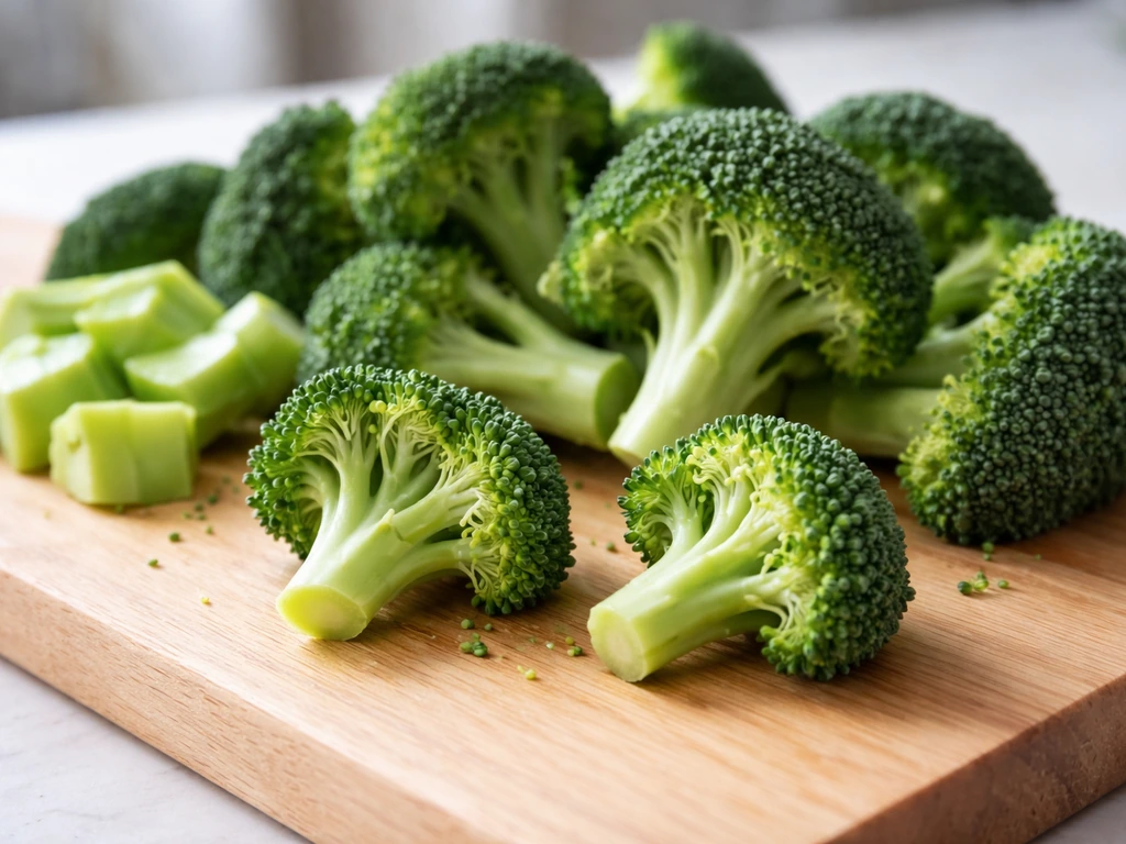 Close-up of freshly cut broccoli florets and stem on a wooden cutting board in natural light.