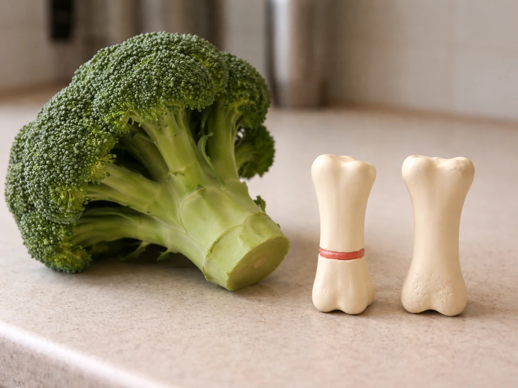 Broccoli on a kitchen counter beside a small realistic medical 3D model of fused and closed growth plates