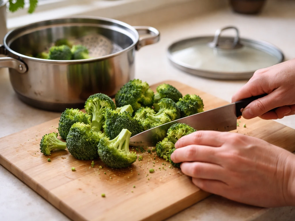 Anonymous hands chop broccoli on a cutting board beside a steamer pot and utensils.