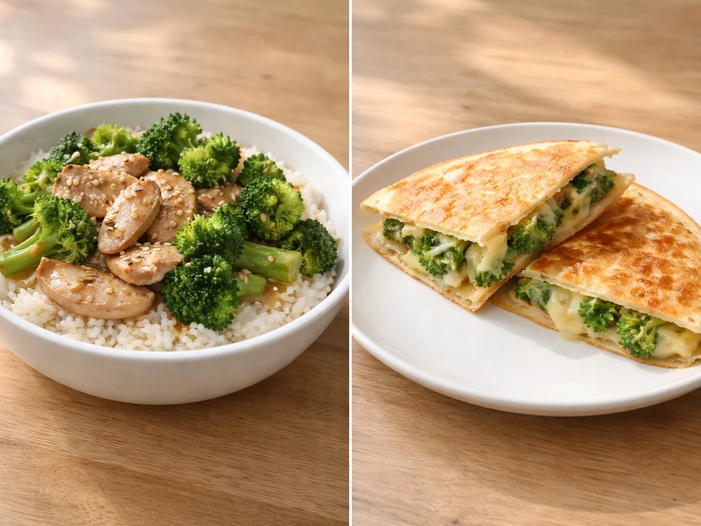 Two simple meals: broccoli chicken stir-fry over rice and a broccoli-cheese quesadilla