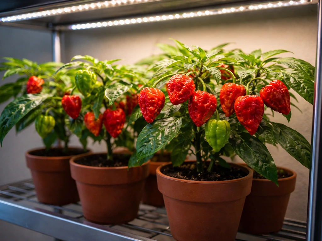 Indoor Carolina Reaper pepper plants in small pots under full-spectrum grow lights, green and red chilies