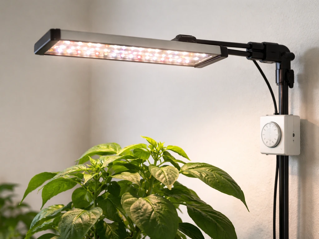Close-up of an LED grow light on an adjustable arm with a timer, glowing over green pepper leaves.