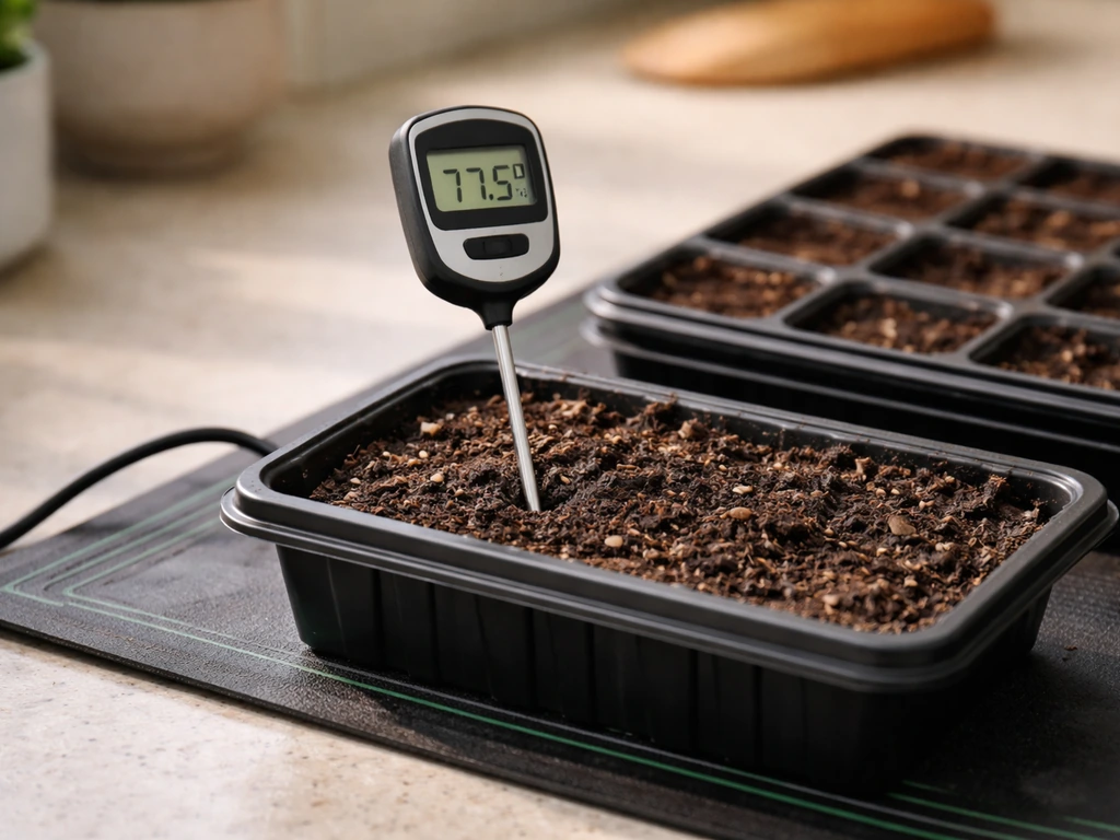 Close-up of soil thermometer in sterile seed-starting mix beside a seed heat mat for germination control.