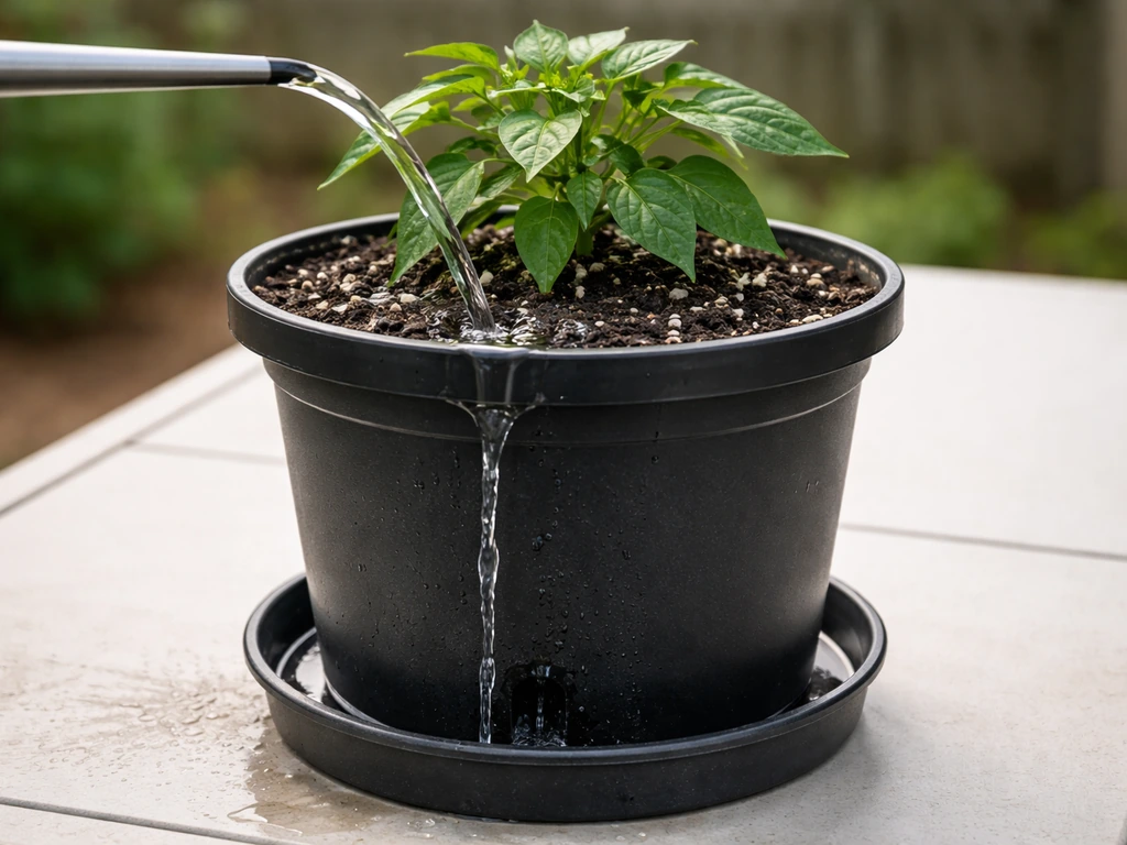Hand watering a small potted pepper plant in a 5-gallon container with visible drainage