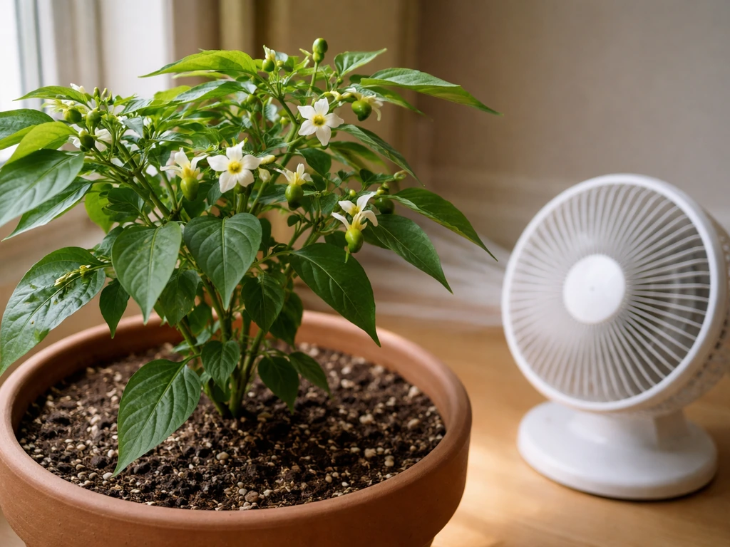 Close indoor garden scene with flowering pepper plants and a small oscillating fan to aid pollination.