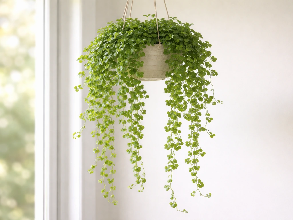Lush creeping jenny trailing from a shallow hanging planter indoors with healthy cascading green leaves